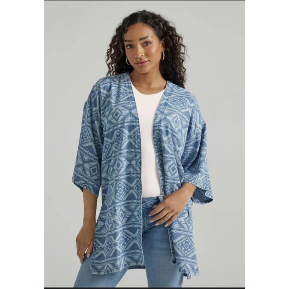 Wrangler Retro Geometric Denim Kimono Jacket Blue Southwestern Print XXL - Picture 1 of 9